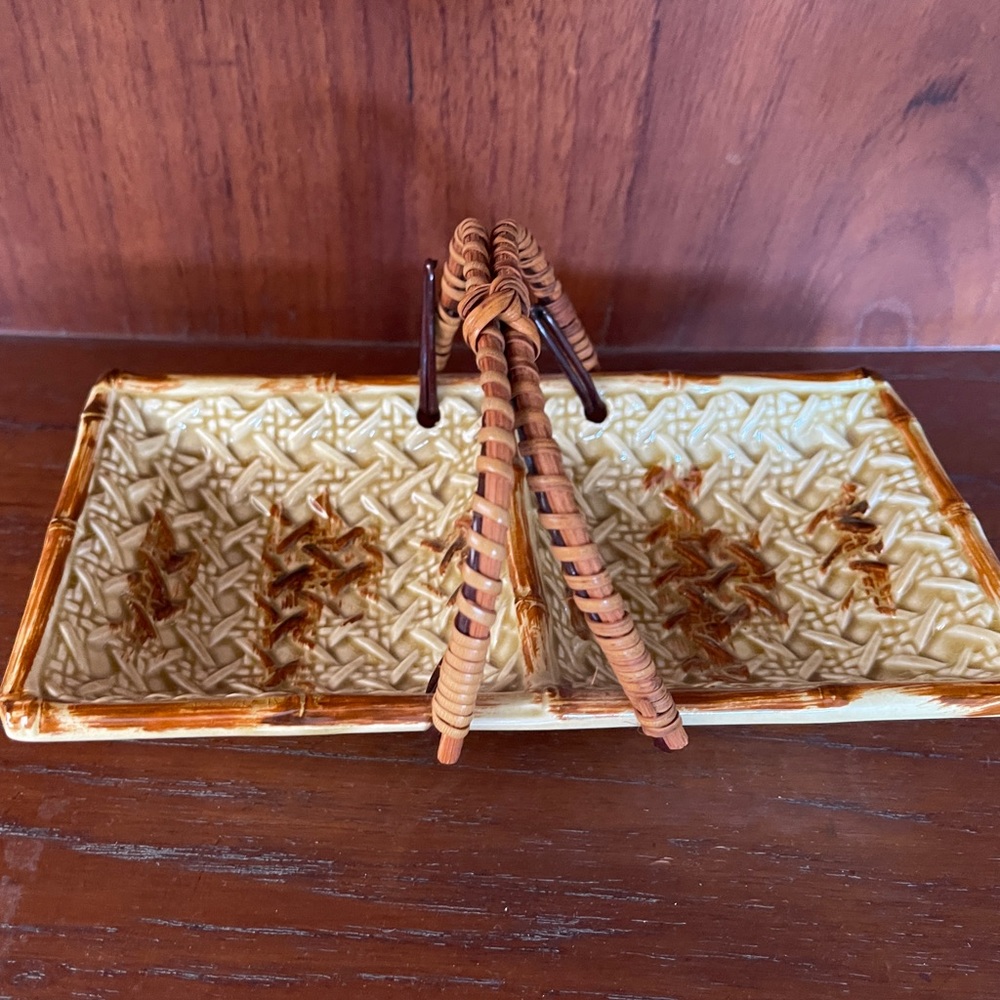 Vintage 1950’s Enesco Woven look Tray W/ bamboo handle & Original Tag.